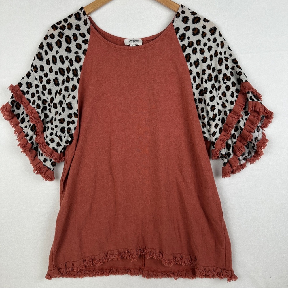 UMGEE S Womens Pullover Animal Print Layered Bell Sleeves Linen Fringe Tunic Top